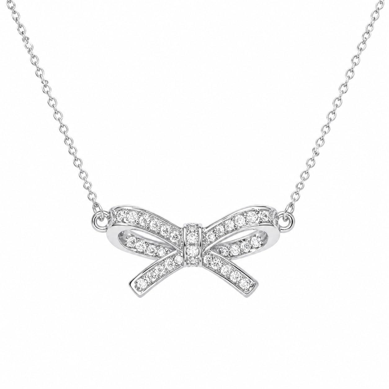 Warm Fortune Bow Bar Pendant Necklace for Women, 18K White Gold Plated Brass, Clear CZ, 18 Inch Chain, Openwork Ribbon Design