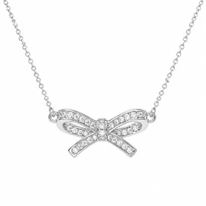 Warm Fortune Bow Bar Pendant Necklace for Women, 18K White Gold Plated Brass, Clear CZ, 18 Inch Chain, Openwork Ribbon Design