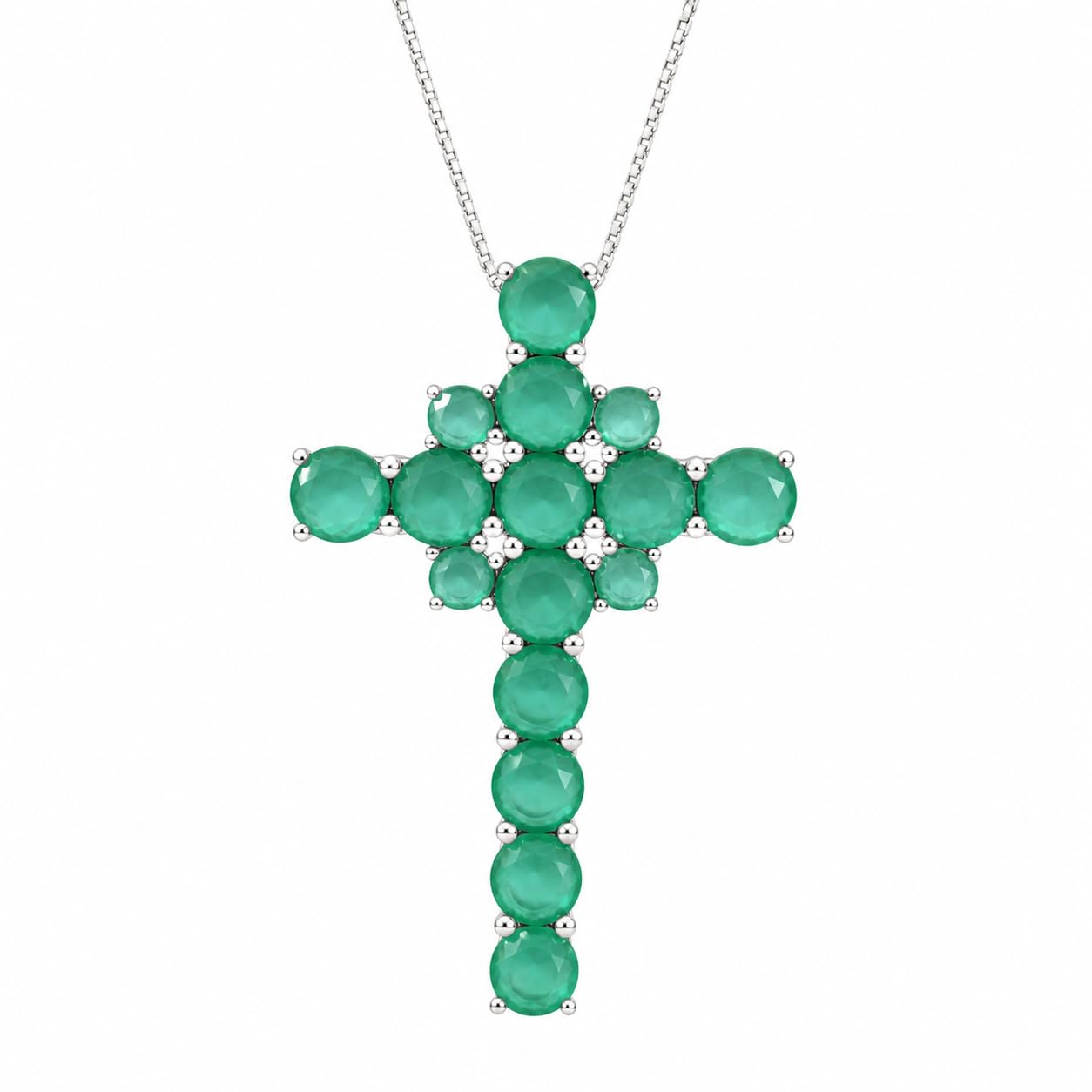 Warm Fortune Beaded Cross Pendant Necklace for Women, 18K White Gold Plated Brass, Green Black or Clear CZ, 18 Inch Chain, CZ Color Options