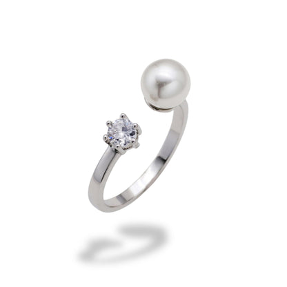 Warm Fortune Pearl & Cubic Zirconia Promise Ring for Her - 18K Gold Plated, Open Design, Elegant Daily & Bridal Jewelry,Adjustable