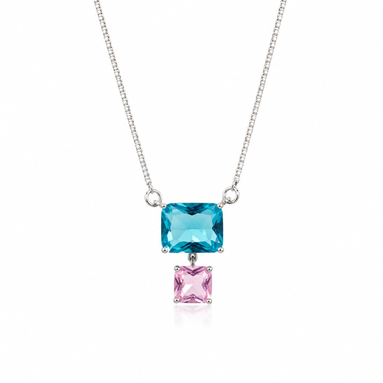 Warm Fortune Rectangular Two Stone Pendant Necklace for Women, 18K White Gold Plated Brass, Green Blue Purple and Pink CZ, 18 Inch Chain, CZ Color Options