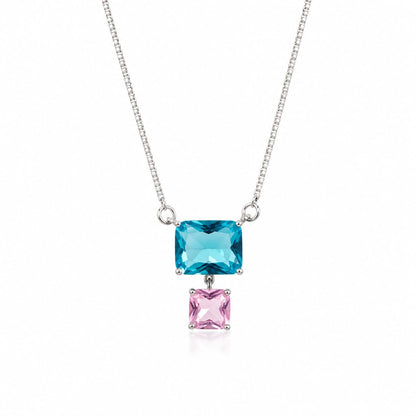 Warm Fortune Rectangular Two Stone Pendant Necklace for Women, 18K White Gold Plated Brass, Green Blue Purple and Pink CZ, 18 Inch Chain, CZ Color Options