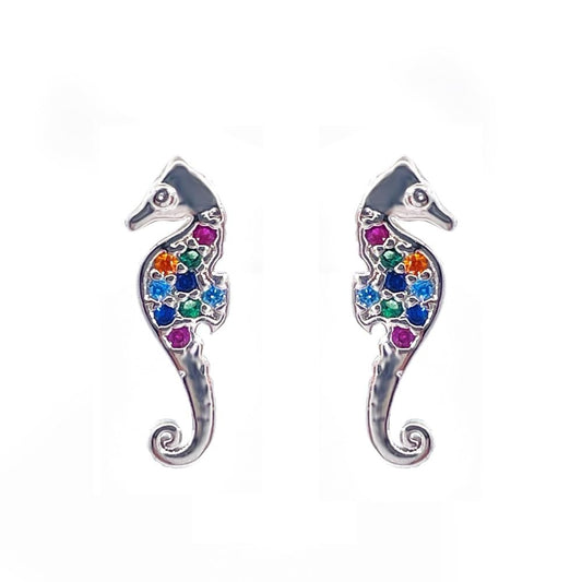 Warm Fortune 18K Gold Plated Seahorse Multi-Color Cubic Zirconia Stud Earrings for Women Hypoallergenic - Valentine's Day, Mother's Day, Birthday Gift for Her