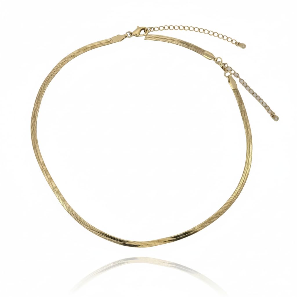 Warm Fortune Snake Chain Necklace for Women,18K Gold Plated,Dainty Simple Chunky Herringbone Necklace,18 inch Chain