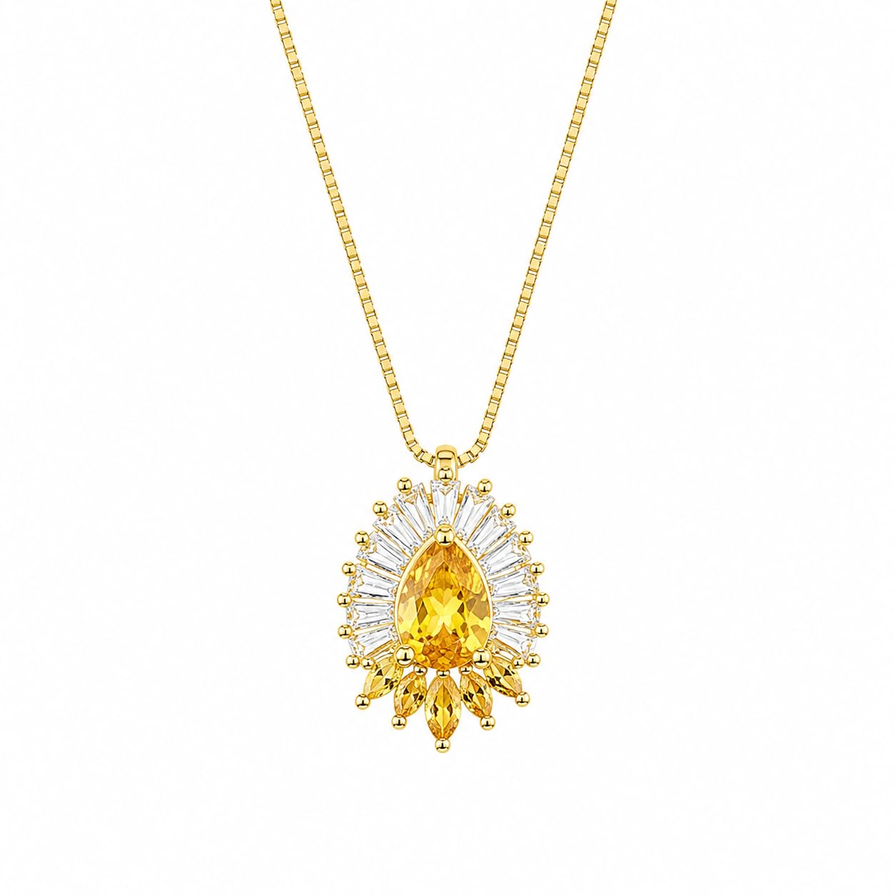 Warm Fortune Yellow Teardrop Halo Pendant Necklace for Women, 18K Yellow Gold Plated, 18 Inch Chain with Sparkling CZ, A Dazzling Statement for Glamorous Events