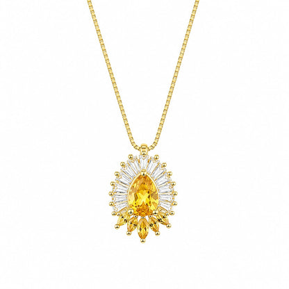 Warm Fortune Yellow Teardrop Halo Pendant Necklace for Women, 18K Yellow Gold Plated, 18 Inch Chain with Sparkling CZ, A Dazzling Statement for Glamorous Events