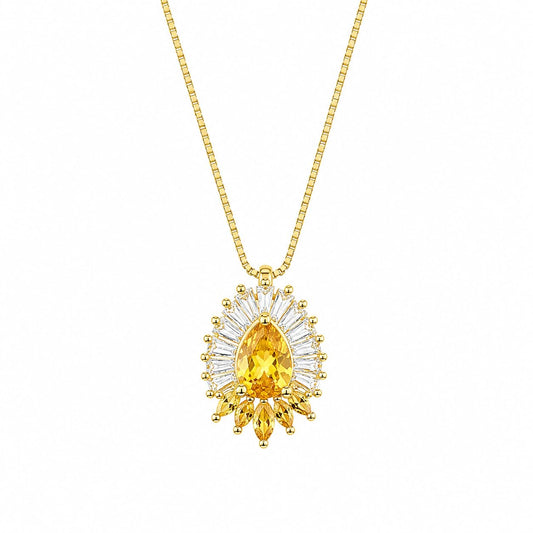 Warm Fortune Yellow Teardrop Halo Pendant Necklace for Women, 18K Yellow Gold Plated, 18 Inch Chain with Sparkling CZ, A Dazzling Statement for Glamorous Events