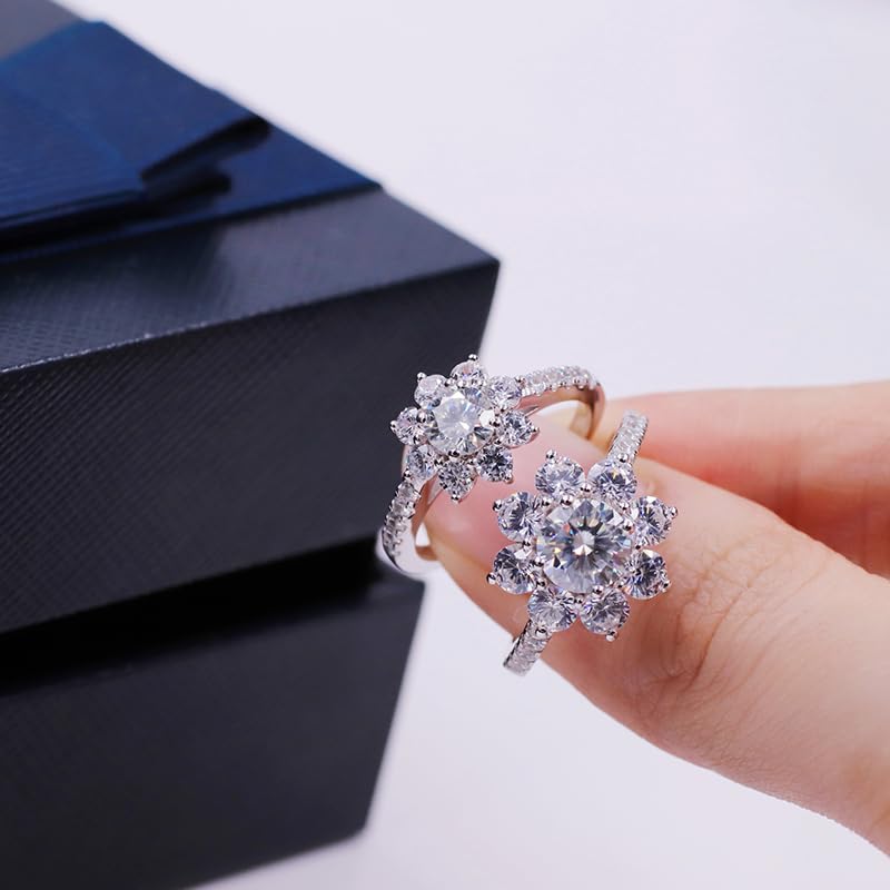 Warm Fortune Moissanite Flower Engagement Ring for Women, 0.5/1.0ct DE VVS Lab Created,925 Sterling Silver with 18K White Gold Plated Anniversary Ring, Gift for Her Promise Ring, Size 6.5