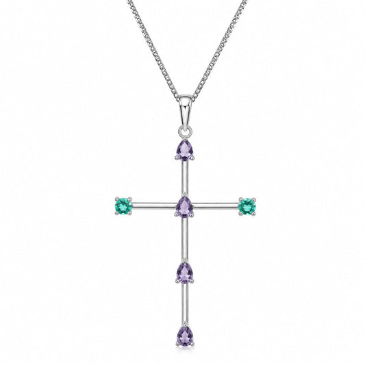 Warm Fortune Multicolor Gem Cross Pendant Necklace for Women, 18K White Gold Plated, 16 Inch Chain with Sparkling CZ, Colorful & Elegant Statement Jewelry for Women