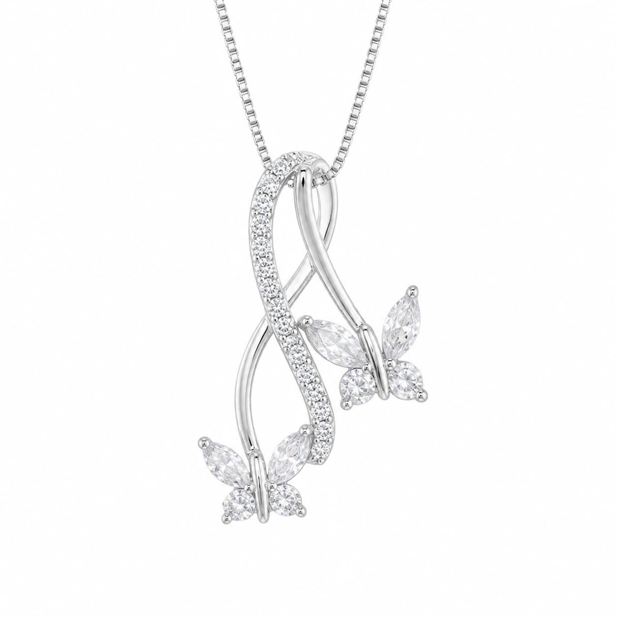 Warm Fortune Double Butterfly Swirl Pendant Necklace for Women, 18K White Gold Plated Brass, Pink or Clear CZ, 18 Inch Chain, CZ Color Options