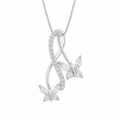 Warm Fortune Double Butterfly Swirl Pendant Necklace for Women, 18K White Gold Plated Brass, Pink or Clear CZ, 18 Inch Chain, CZ Color Options