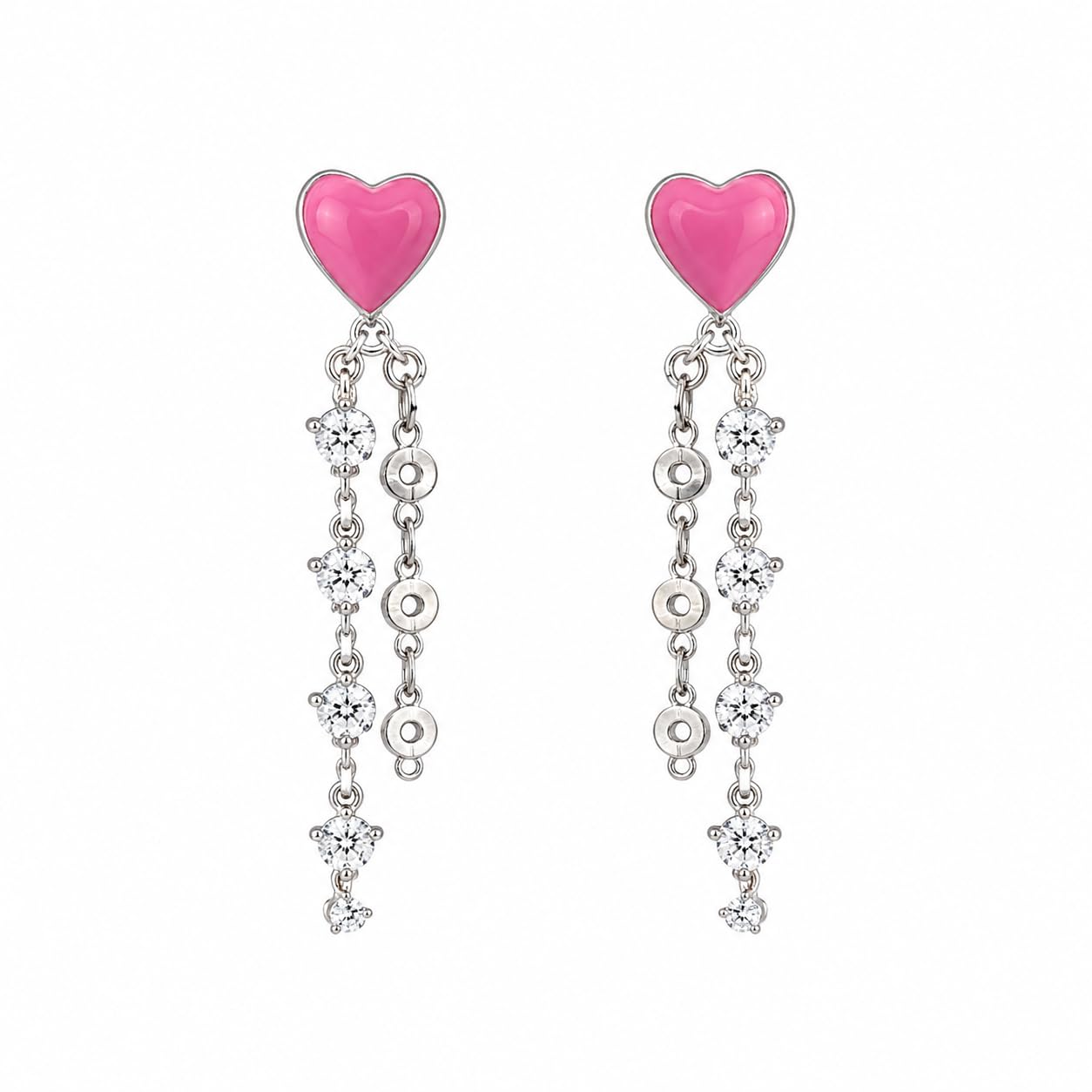 Warm Fortune 18K Gold Plated Heart Inlay Double Chain Tassel Cubic Zirconia Dangle Earrings for Adult Women Hypoallergenic Daily & Occasion Gift Jewelry