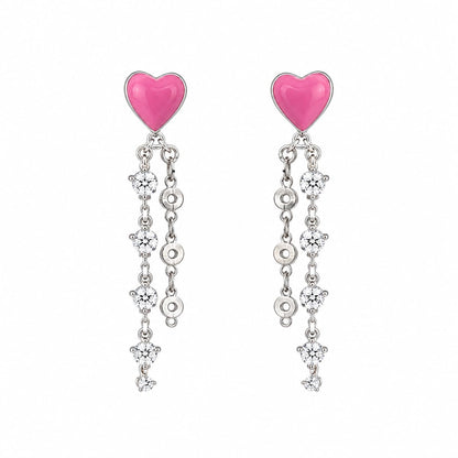 Warm Fortune 18K Gold Plated Heart Inlay Double Chain Tassel Cubic Zirconia Dangle Earrings for Adult Women Hypoallergenic Daily & Occasion Gift Jewelry