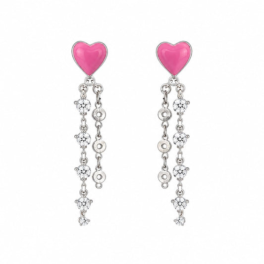 Warm Fortune 18K Gold Plated Heart Inlay Double Chain Tassel Cubic Zirconia Dangle Earrings for Adult Women Hypoallergenic Daily & Occasion Gift Jewelry