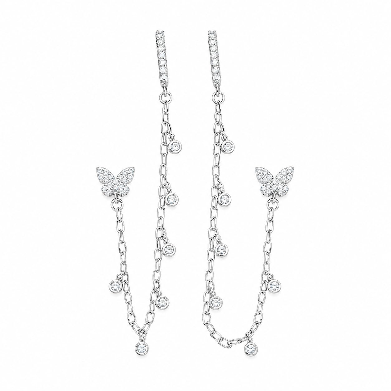 Warm Fortune 18K White Gold Plated CZ Butterfly Chain Dangle Earrings