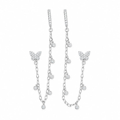 Warm Fortune 18K White Gold Plated CZ Butterfly Chain Dangle Earrings