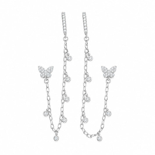 Warm Fortune 18K White Gold Plated CZ Butterfly Chain Dangle Earrings