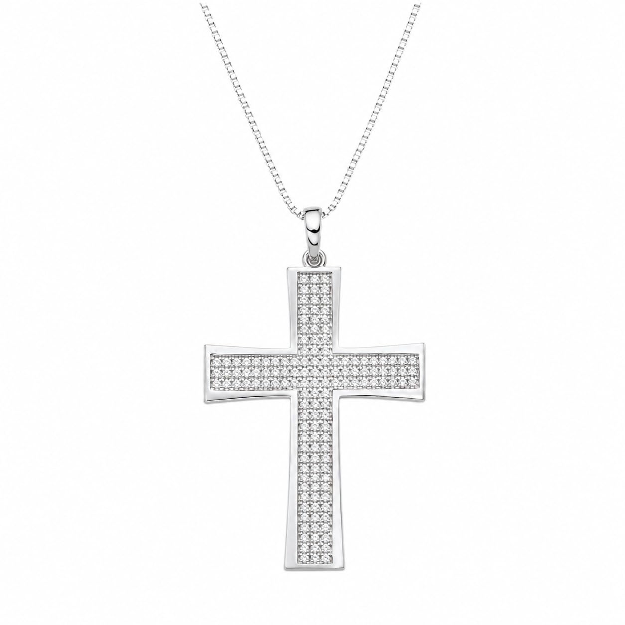 Warm Fortune 18K White Gold Plated Pave CZ Wide Cross Pendant Necklace