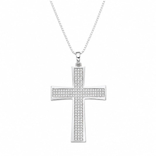 Warm Fortune 18K White Gold Plated Pave CZ Wide Cross Pendant Necklace