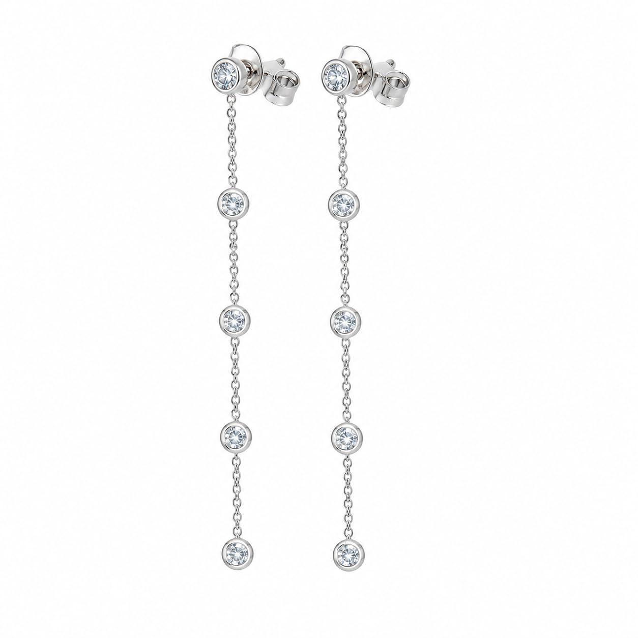 Warm Fortune 18K Gold Plated Bezel Set Round Cubic Zirconia Long Chain Dangle Earrings for Adult Women Hypoallergenic - Valentine's Day, Mother's Day, Birthday Gift for Her