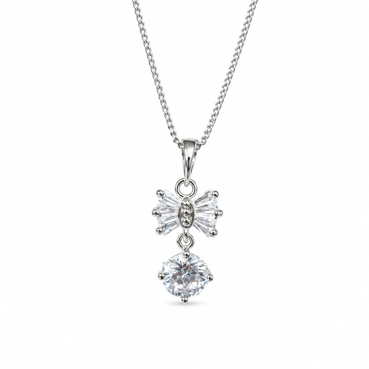 Warm Fortune 18K White Gold Plated Baguette CZ Bow Drop Necklace