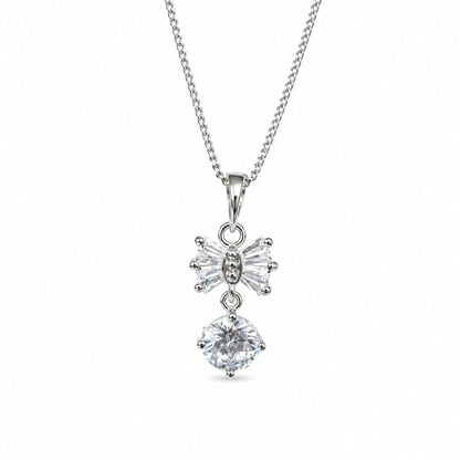 Warm Fortune 18K White Gold Plated Baguette CZ Bow Drop Necklace