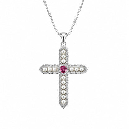 Warm Fortune Ruby Red Cross Pendant Necklace for Women, 18K White Gold Plated, 16 Inch Chain with Sparkling CZ, A Dazzling Statement for Glamorous Events