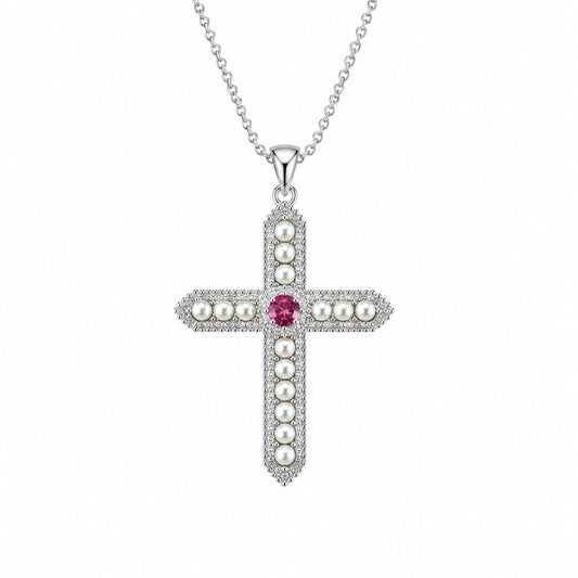 Warm Fortune Ruby Red Cross Pendant Necklace for Women, 18K White Gold Plated, 16 Inch Chain with Sparkling CZ, A Dazzling Statement for Glamorous Events