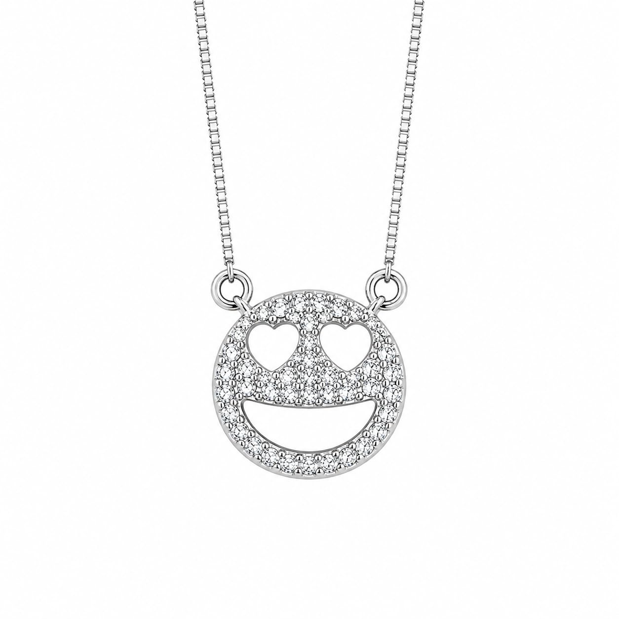 Warm Fortune Pavé Smiley Face Pendant Necklace for Women, 18K White Gold Plated, 16 Inch Chain with Sparkling CZ, Playful & Chic Fashion Jewelry