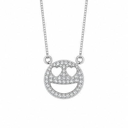 Warm Fortune Pavé Smiley Face Pendant Necklace for Women, 18K White Gold Plated, 16 Inch Chain with Sparkling CZ, Playful & Chic Fashion Jewelry
