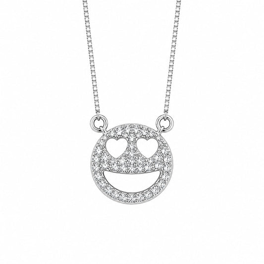 Warm Fortune Pavé Smiley Face Pendant Necklace for Women, 18K White Gold Plated, 16 Inch Chain with Sparkling CZ, Playful & Chic Fashion Jewelry