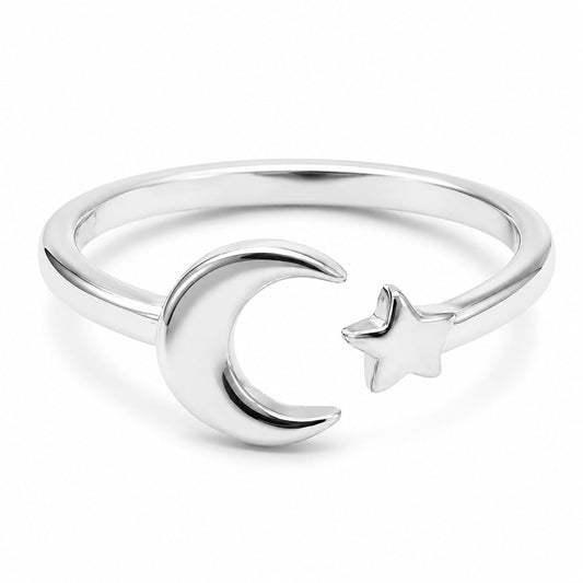 Warm Fortune Crescent Moon & Star Open Band Ring, 18K White Gold Plated Polished Stackable Daily Accessory