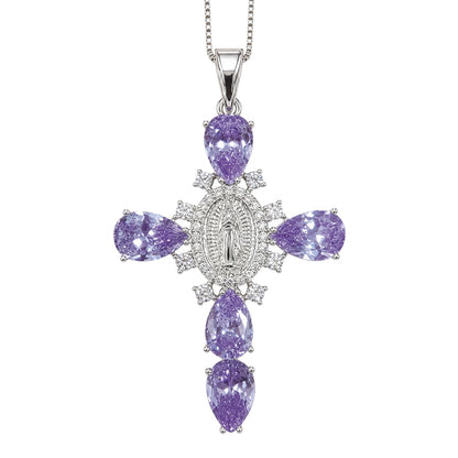 Warm Fortune Purple Teardrop Cross Pendant Necklace for Women: 18K Gold Plated, Adjustable Chain (18") with Sparkling CZ | A Dazzling Statement for Glamorous Events