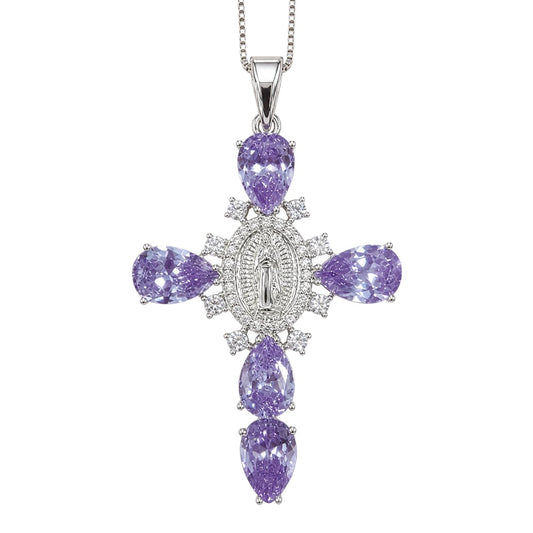 Warm Fortune Purple Teardrop Cross Pendant Necklace for Women: 18K Gold Plated, Adjustable Chain (18") with Sparkling CZ | A Dazzling Statement for Glamorous Events