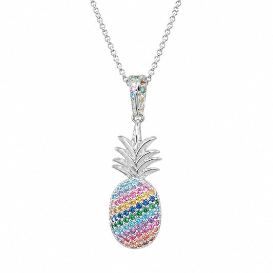 Warm Fortune Colorful Pineapple Pendant Necklace for Women, 18K White Gold Plated, 18 Inch Chain with Sparkling CZ, Colorful & Elegant Statement Jewelry for Women