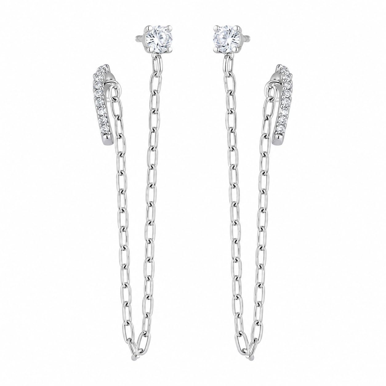 Warm Fortune 18K Gold Plated Round Cubic Zirconia Long Chain Dangle Combo Stud & Cuff Earrings for Women Hypoallergenic - Valentine's Day, Mother's Day, Birthday Gift for Her