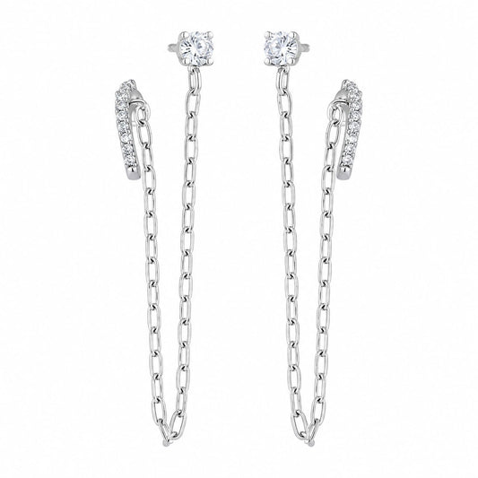 Warm Fortune 18K Gold Plated Round Cubic Zirconia Long Chain Dangle Combo Stud & Cuff Earrings for Women Hypoallergenic - Valentine's Day, Mother's Day, Birthday Gift for Her