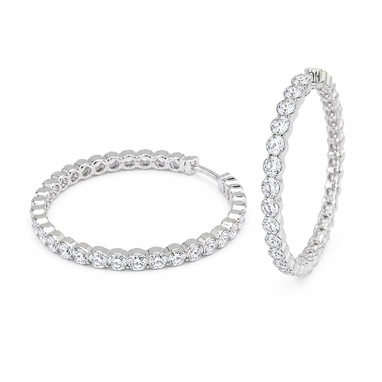 Warm Fortune 18K White Gold Plated Single Row CZ Large Hoop Earrings