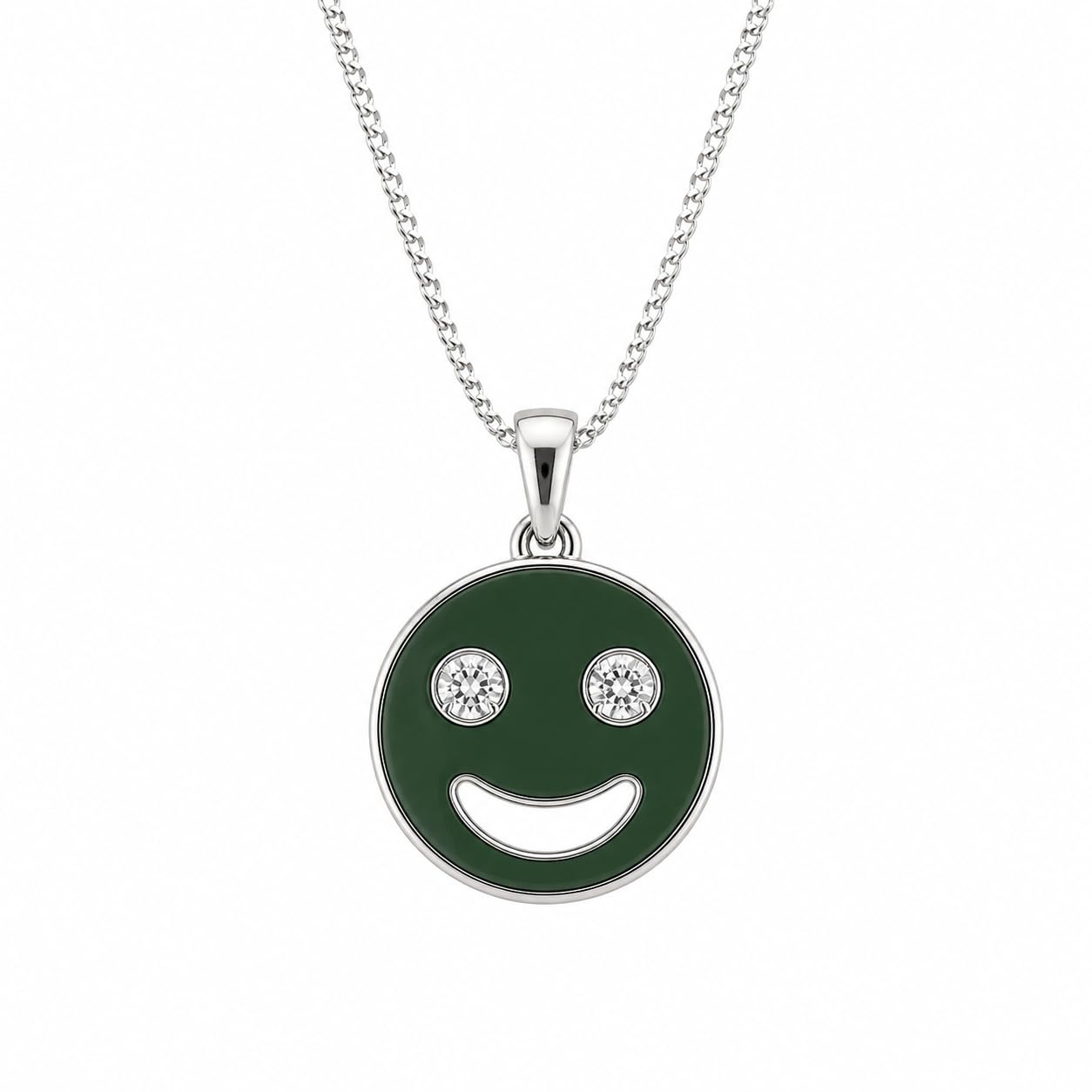 Warm Fortune Round Smile Face Pendant Necklace for Women, 18K White Gold Plated Brass, Clear CZ, 18 Inch Chain, Enamel Face Design