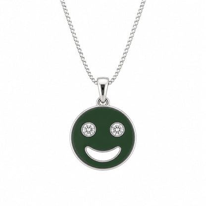 Warm Fortune Round Smile Face Pendant Necklace for Women, 18K White Gold Plated Brass, Clear CZ, 18 Inch Chain, Enamel Face Design