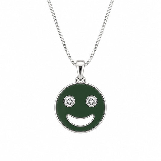Warm Fortune Round Smile Face Pendant Necklace for Women, 18K White Gold Plated Brass, Clear CZ, 18 Inch Chain, Enamel Face Design