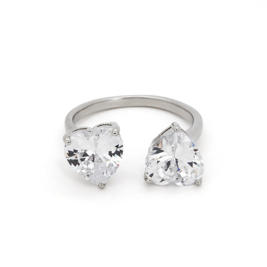 Warm Fortune Double Heart CZ Statement Ring for Women, 18K Gold Plated Adjustable Open Band, Sparkling Heart Cut Cubic Zirconia Ring, Romantic Love Jewelry for Daily Wear & Gifting