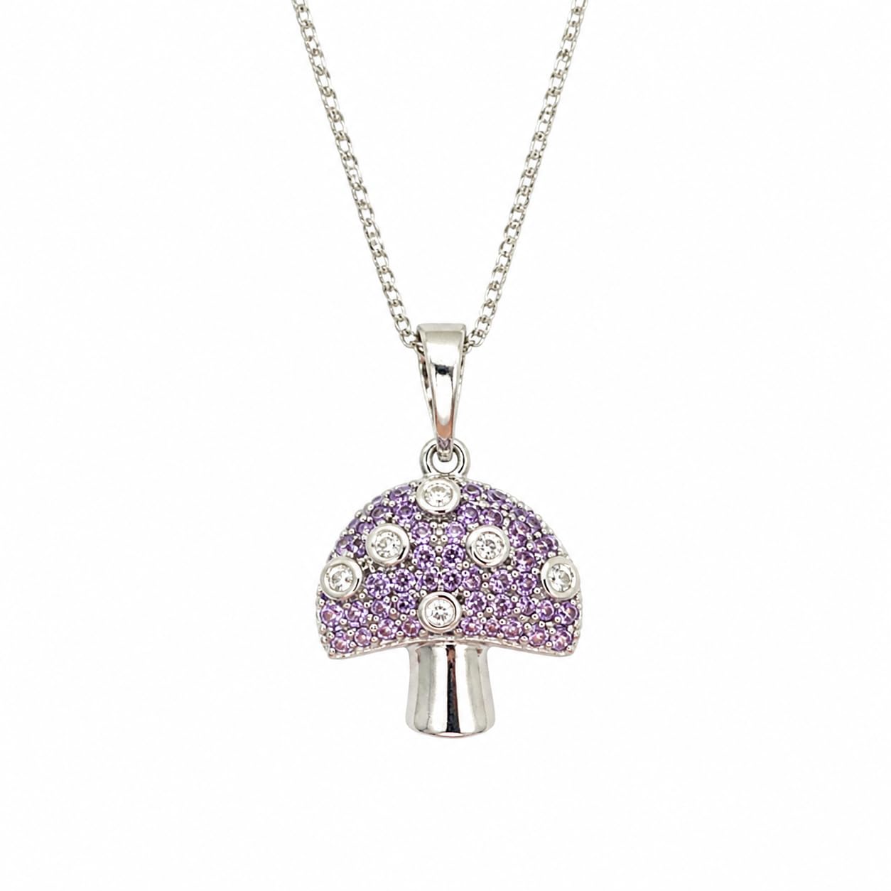 Warm Fortune Mushroom Pendant Necklace for Women, 18K White Gold Plated Brass, Purple Pink and Clear CZ, 18 Inch Chain, CZ Color Options