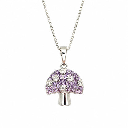 Warm Fortune Mushroom Pendant Necklace for Women, 18K White Gold Plated Brass, Purple Pink and Clear CZ, 18 Inch Chain, CZ Color Options