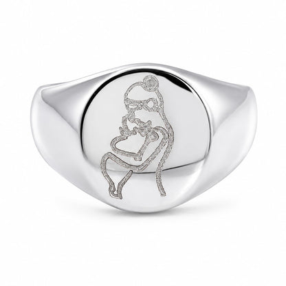Warm Fortune Motherhood Statement Signet Ring, 18K White Gold Plated Carved Mom & Kid Line Art Casual Accessory, Size 7-9
