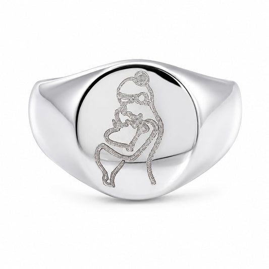 Warm Fortune Motherhood Statement Signet Ring, 18K White Gold Plated Carved Mom & Kid Line Art Casual Accessory, Size 7-9