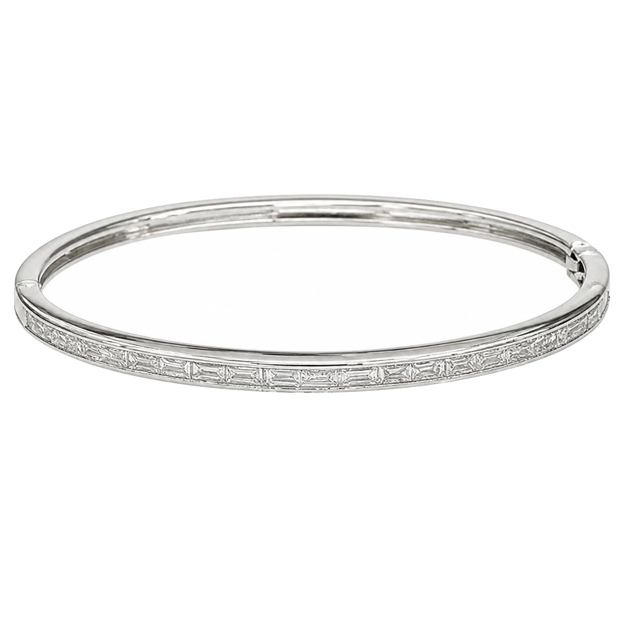 Warm Fortune Baguette Moissanite Bangle Bracelet for Women, Silver-Tone Hinged Design with Channel-Set Sparkle