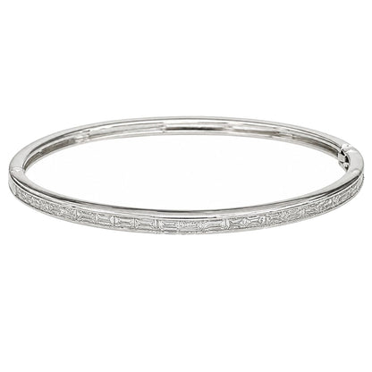 Warm Fortune Baguette Moissanite Bangle Bracelet for Women, Silver-Tone Hinged Design with Channel-Set Sparkle