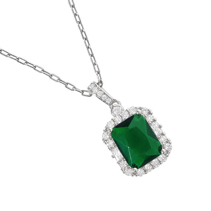 Warm Fortune Green Rectangle Halo Pendant Necklace for Women: 18K Gold Plated, Adjustable Chain (16") with Sparkling CZ | A Dazzling Statement for Glamorous Events