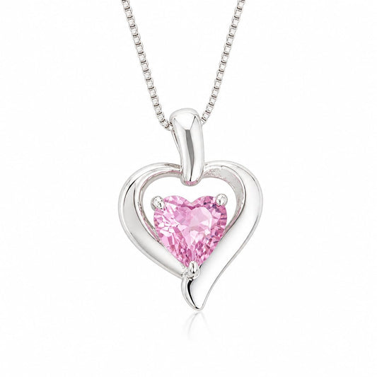 Warm Fortune Open Heart Pendant Necklace for Women, 18K White Gold Plated Brass, Pink and Clear CZ, 18 Inch Chain, Heart Cut Center Stone